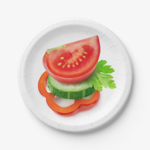 Fresh vegetable pieces paper plates