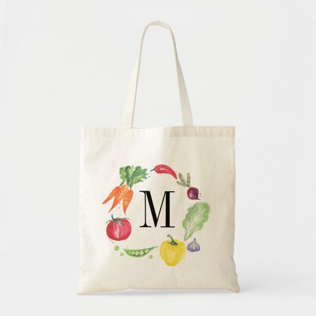 Fresh Vegetables Watercolor Monogram Tote Bag (Front)