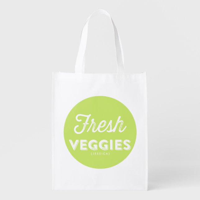 Fresh Veggies Retro Typography Green Personalized Grocery Bag (Front)
