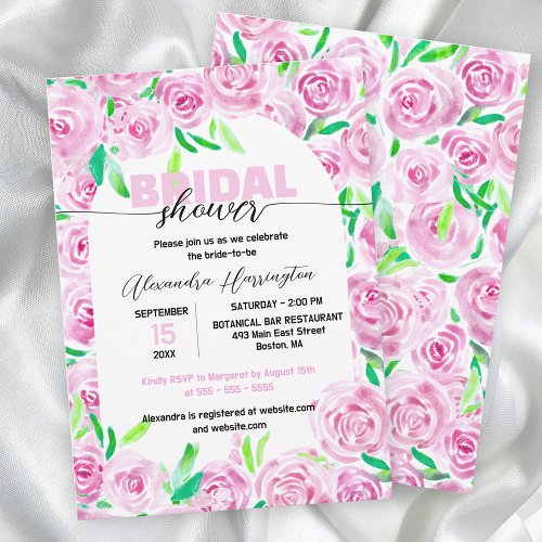 Fresh Vibrant Pink Watercolor Roses Bridal Shower Invitation