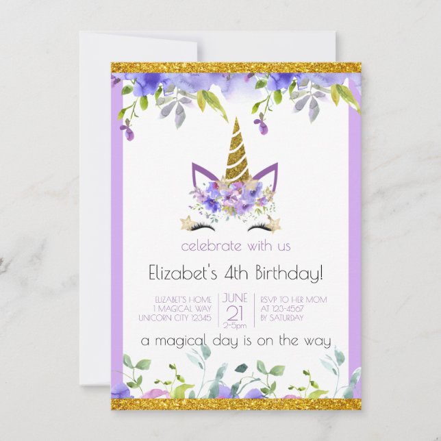 Fresh Violet | Adorned Gold Unicorn Birthday Party Invitation (Front)
