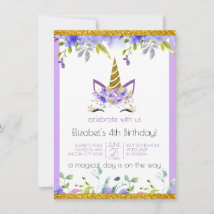 Fresh Violet Adorned Gold Unicorn Birthday Party Invitation