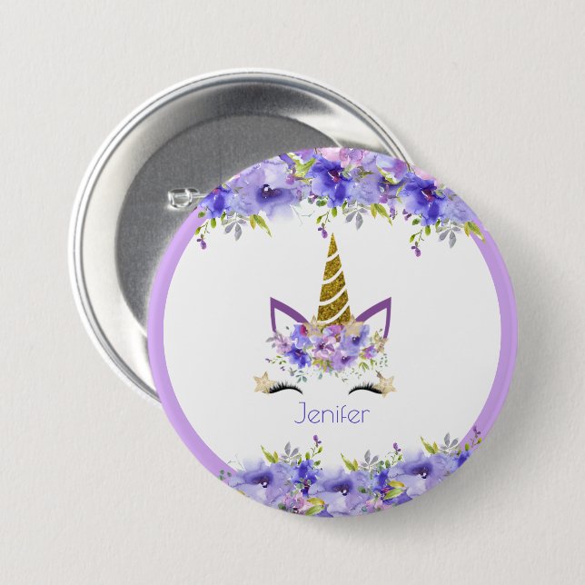 Fresh Violet Unicorn Birthday Decorations Button (Front & Back)