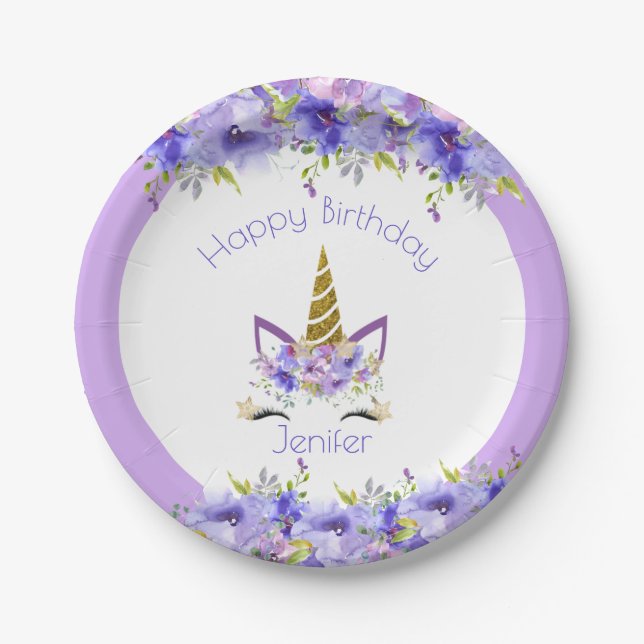 Fresh Violet Unicorn Birthday Decorations Paper Plates (Front)