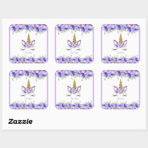 Fresh Violet Unicorn Birthday Decorations Square Sticker