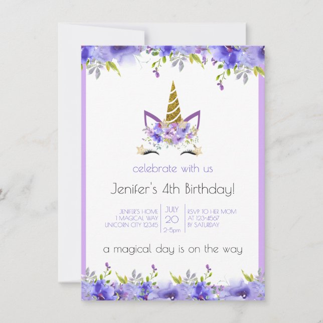 Fresh Violet | Unicorn Birthday Party Decor Invitation (Front)