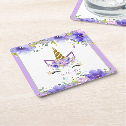 Fresh Violet  Unicorn Birthday Party  Square Paper Coaster