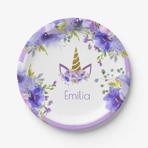 Fresh Violet  Unicorn girl Birthday Paper Plates