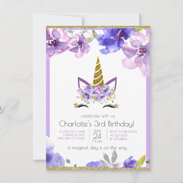 Fresh Violets Unicorn Girl Purple Birthday Party Invitation Zazzle