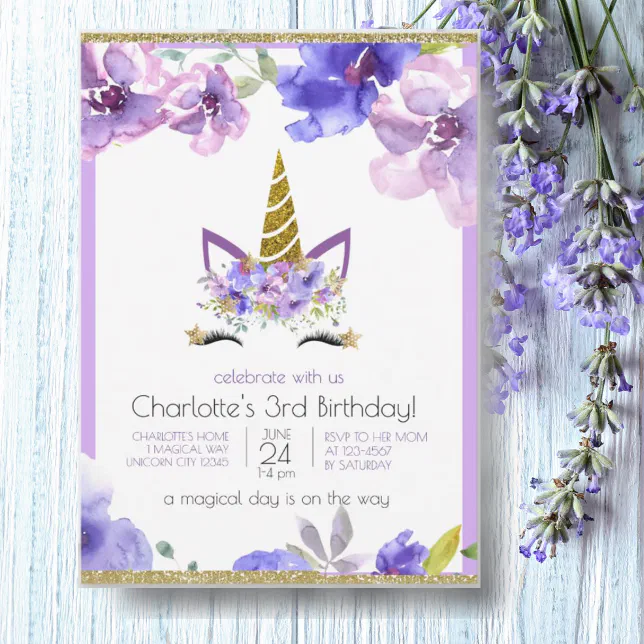 Fresh Violets Unicorn Girl Purple Birthday Party Invitation Zazzle