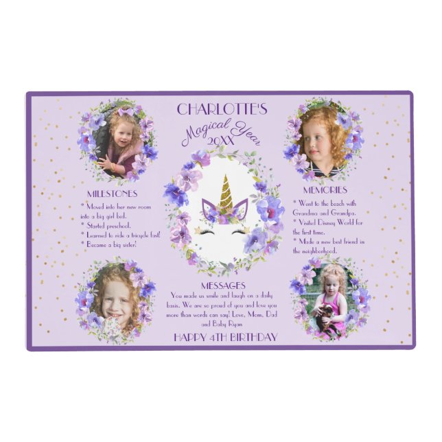 Fresh Violets | Unicorn Year in Review Party Decor Placemat (Front)