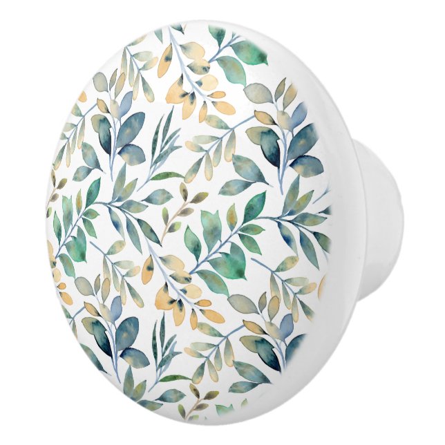 Fresh Watercolor Green and Yellow Leaf Pattern Ceramic Knob (Right)