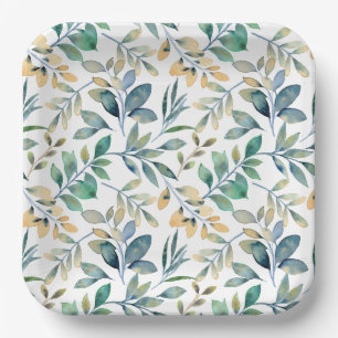Fresh Watercolor Green and Yellow Leaf Pattern Paper Plates