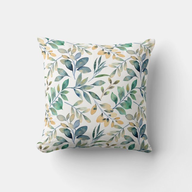 Fresh Watercolor Green and Yellow Leaf Pattern Throw Pillow (Front)