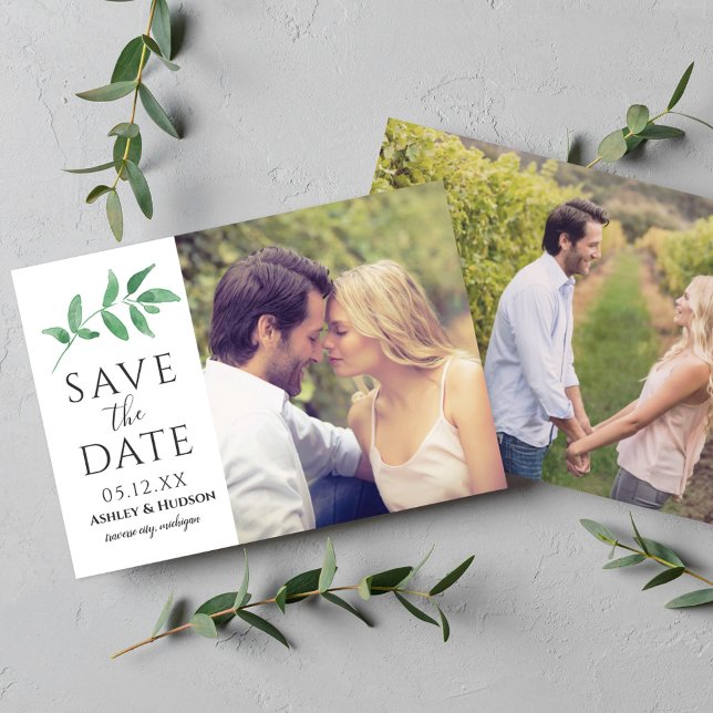 Fresh Watercolor Greenery Leaf Photo Wedding Save The Date (Creator Uploaded)