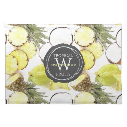 Fresh Watercolor Tropical Fruits Monogram Pattern Cloth Placemat