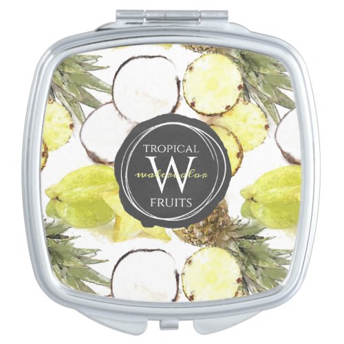 Fresh Watercolor Tropical Fruits Monogram Pattern Compact Mirror