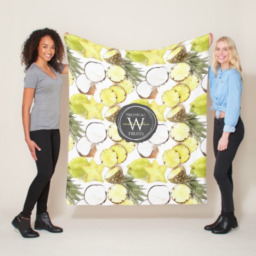 Fresh Watercolor Tropical Fruits Monogram Pattern Fleece Blanket