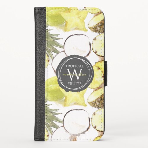 Fresh Watercolor Tropical Fruits Monogram Pattern iPhone XS Wallet Case