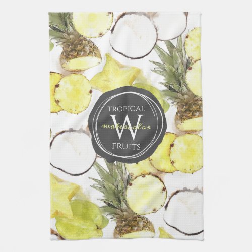 Fresh Watercolor Tropical Fruits Monogram Pattern Kitchen Towel