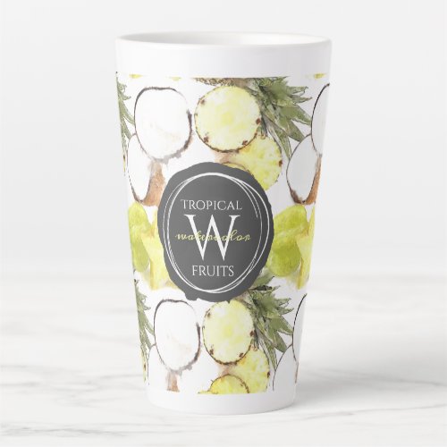 Fresh Watercolor Tropical Fruits Monogram Pattern Latte Mug