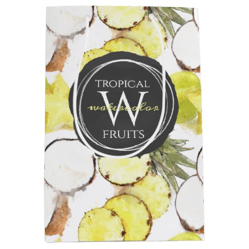 Fresh Watercolor Tropical Fruits Monogram Pattern Medium Gift Bag