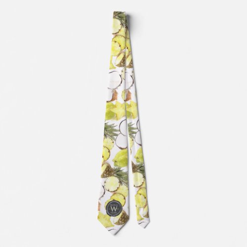 Fresh Watercolor Tropical Fruits Monogram Pattern Neck Tie