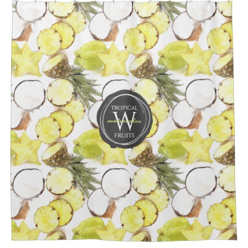 Fresh Watercolor Tropical Fruits Monogram Pattern Shower Curtain