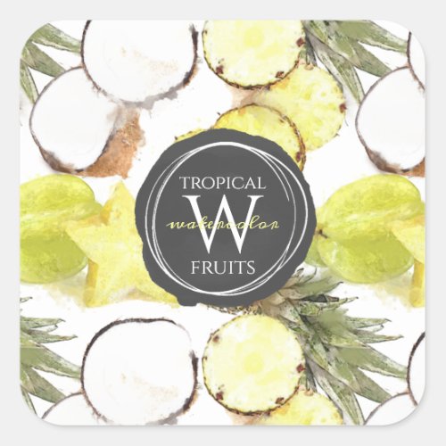 Fresh Watercolor Tropical Fruits Monogram Pattern Square Sticker