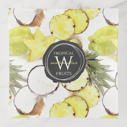 Fresh Watercolor Tropical Fruits Monogram Pattern Trinket Tray