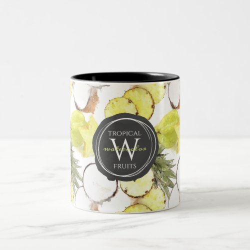 Fresh Watercolor Tropical Fruits Monogram Pattern Two_Tone Coffee Mug