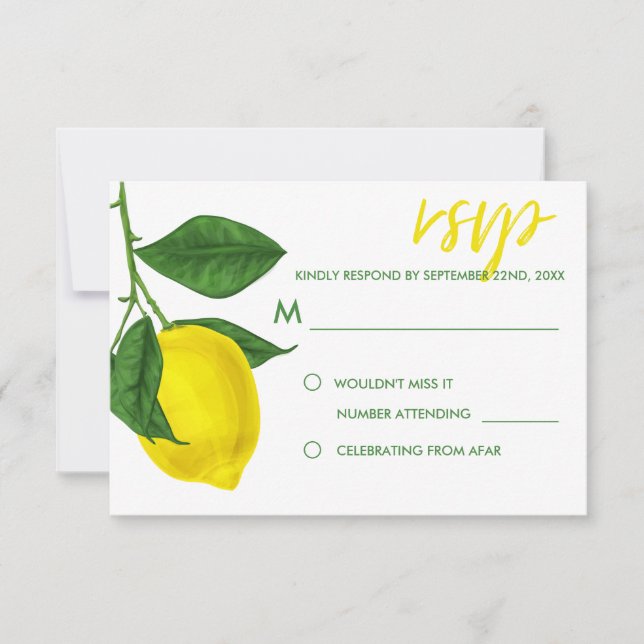 Fresh Watercolor Yellow Lemons & Green Leaves RSVP Card (Front)