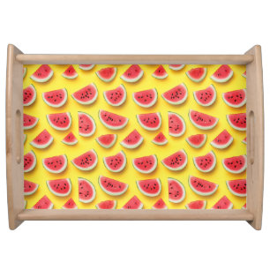 Fresh Watermelon Slices Pattern on Yellow Serving Tray