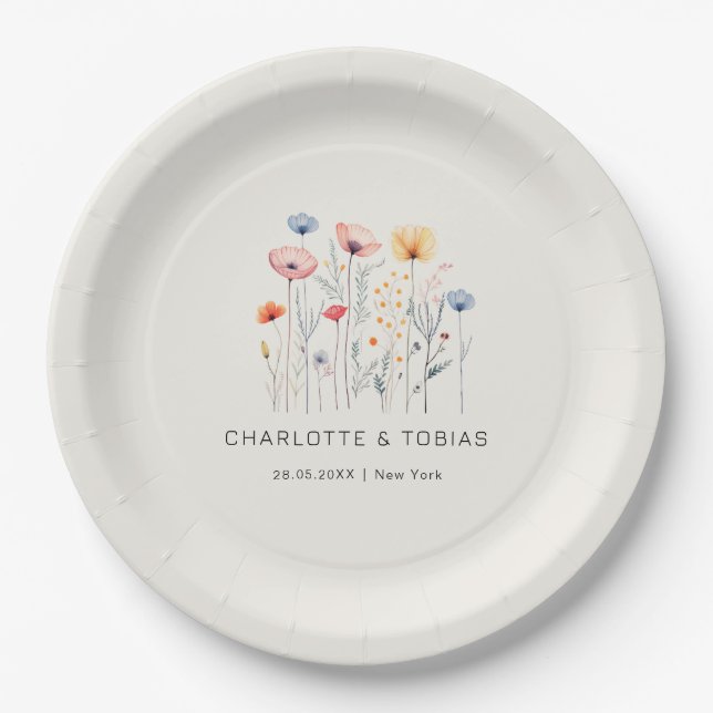 Fresh Wildflower | Beige  Wedding  Paper Plates (Front)