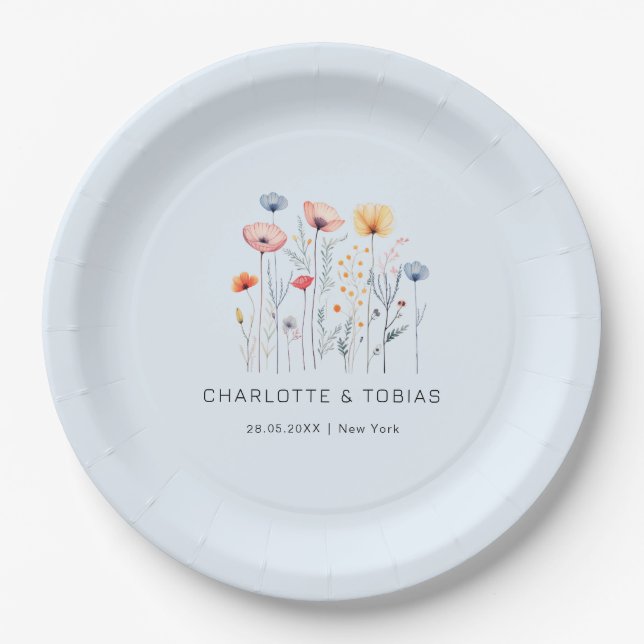 Fresh Wildflower | Blue Wedding  Paper Plates (Front)