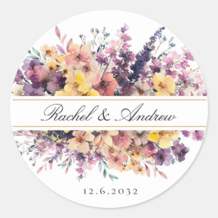 Fresh, wildflower bouquet, handwriting, wedding classic round sticker