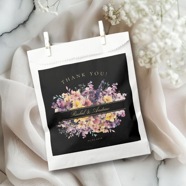 Fresh, wildflower bouquet, handwriting, wedding favor bag (Customer-Specific "Thank you!" Wedding Favor Bag with a wild-flower bouquet & scripted font.)