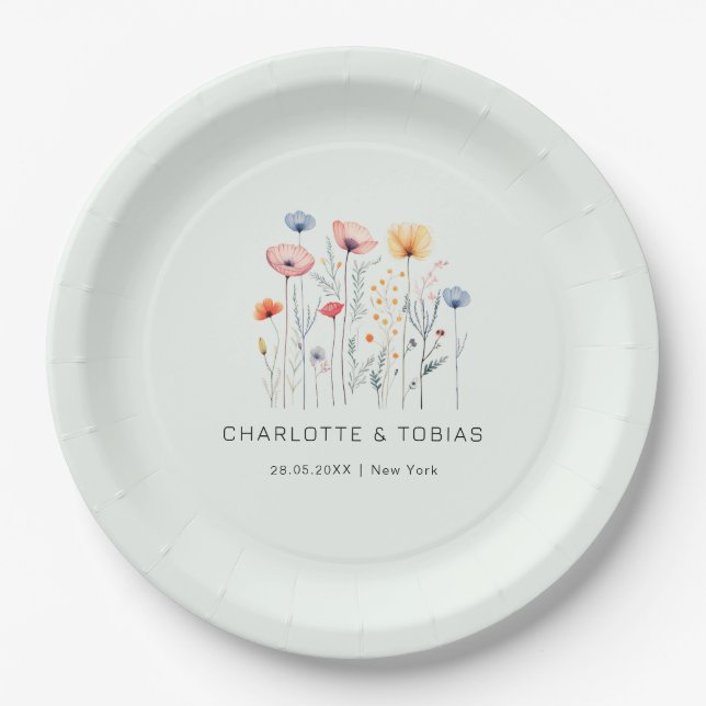 Fresh Wildflower | Light-Green Wedding  Paper Plates (Front)