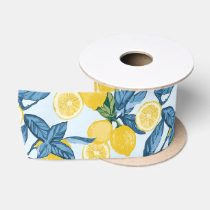 Fresh Yellow Lemon Grove on Blue Background Satin Ribbon