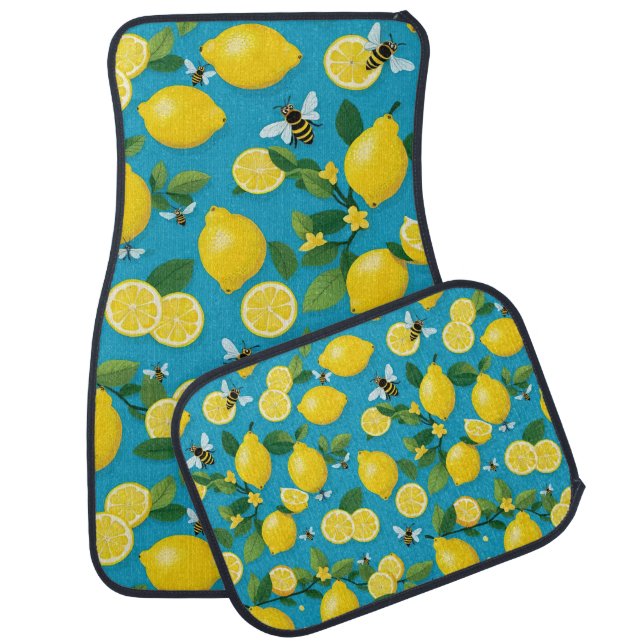 Fresh Yellow Lemons And Busy Bees Bright Tuquoise Car Floor Mat (Set)