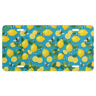Fresh Yellow Lemons And Busy Bees Bright Tuquoise License Plate