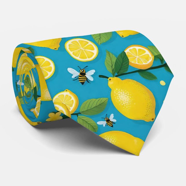 Fresh Yellow Lemons And Busy Bees Bright Tuquoise Neck Tie (Rolled)