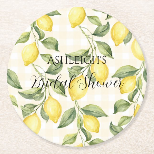 Fresh Yellow Lemons Bridal Shower Round Paper Coaster (Front)