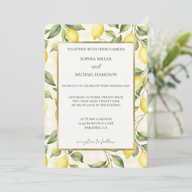 Fresh Yellow Lemons Wedding Invitation (Standing Front)