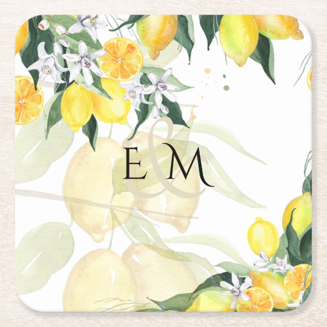 Fresh Yellow Lemons Wedding Square Paper Coaster (Front)