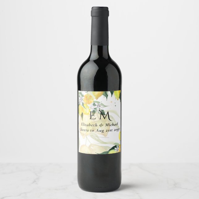 Fresh Yellow Lemons Wedding Wine Label (Front)