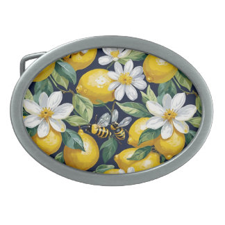 Fresh Yellow Lemons With Busy Bees & White Blooms Belt Buckle