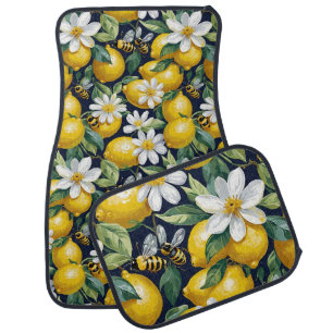 Fresh Yellow Lemons With Busy Bees & White Blooms Car Floor Mat