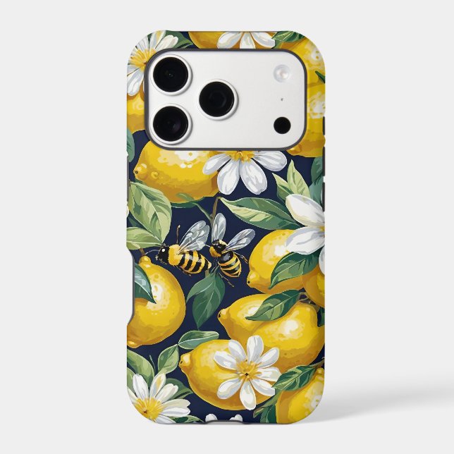Fresh Yellow Lemons With Busy Bees & White Blooms Case-Mate iPhone Case (Back)