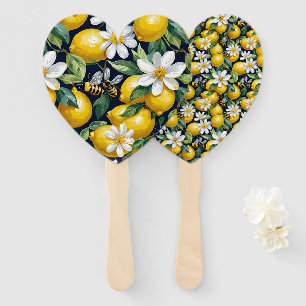Fresh Yellow Lemons With Busy Bees & White Blooms Hand Fan